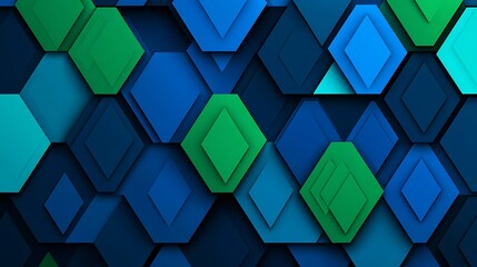 Poster - Vibrant Stylized Geometric Pattern with Overlapping Hexagonal Shapes in Vivid Shades of Blue and Green for Modern Design Applications