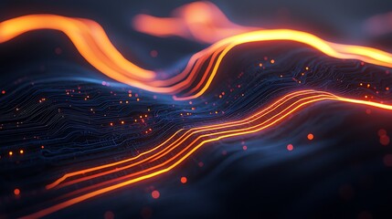 Poster - Stylized Flowing Blue Currents with Vibrant Orange Highlights Creating a Dynamic Abstract Background Ideal for Technology or Artistic Themes