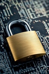 Poster - A padlock secured with a gold finish sitting on a digital circuit board, perfect for tech or security-themed projects