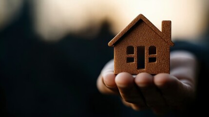 Hand Holding a Miniature House: A person's hand gently cradles a small, wooden model house, symbolizing dreams of homeownership, new beginnings, and the promise of a secure future.