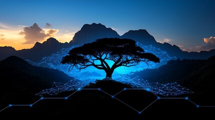 Poster - Surreal Digital Landscape Featuring a Lone Tree Silhouetted Against a Stunning Mountain Backdrop with Glowing Connections and a Mystical Atmosphere