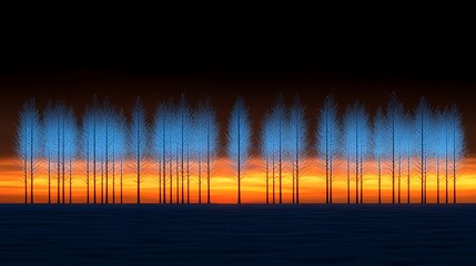 Poster - Surreal Digital Landscape with Ethereal Blue Trees Against an Orange and Black Horizon Capturing a Dreamlike Ambiance of Nature's Beauty
