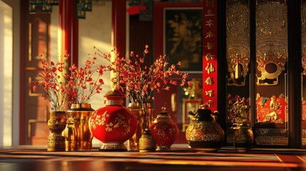 Aufkleber - A detailed 3D rendered scene of Chinese New Year celebrations, featuring traditional ornaments and gold decorations for the festive occasion.