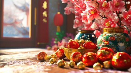 Aufkleber - A detailed 3D rendered scene of Chinese New Year celebrations, featuring traditional ornaments and gold decorations for the festive occasion.