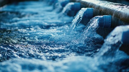 Poster - A detailed shot of blue water treatment valves with water flowing, showcasing engineering's role in optimizing water resources for sustainability.
