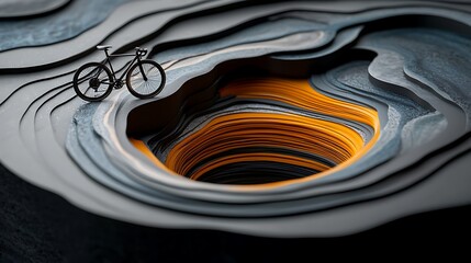 Poster - Surreal Visualization of Data Streams Flowing Through Intricate Layers with a Bicycle in an Abstract Landscape