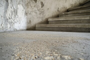 Poster - close-up shot of a concrete floor with stairs leading up to the background