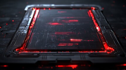 Poster - A Vibrant Depiction of a Futuristic Workspace Featuring High-Tech Controls and a Sleek Digital Interface with Striking Red Accents on a Dark Surface