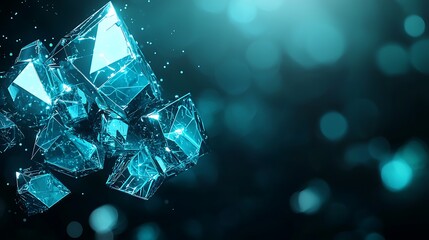 Poster - Abstract Compositions of Interlocking Geometric Shapes Featuring Crystalline Structures with a Blue Glow and Subtle Bokeh Background for Artistic and Modern Visuals