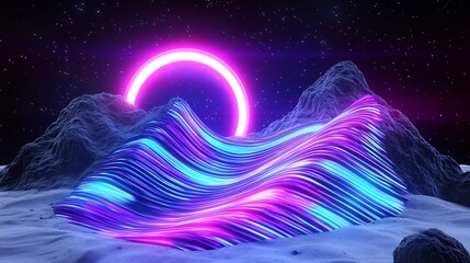 Poster - Cascading wavy iridescent shapes in a bold contrasting color palette create a mesmerizing ethereal dreamscape against a mysterious celestial backdrop