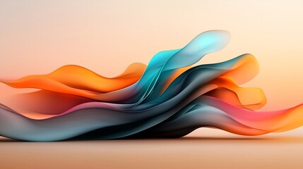 Poster - Dreamlike iridescent wavy shapes in soft pastel colors with a dynamic fluid motion creating a serene and ethereal digital abstract landscape