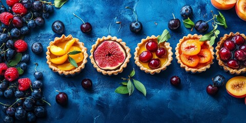 Wall Mural - Vibrant tarts featuring figs, cherries, and apricots are artistically presented against a striking blue backdrop, creating a delightful visual appeal with the fruits.