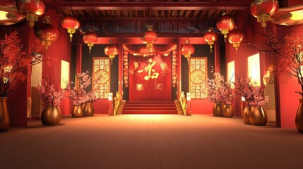 Poster - A stunning 3D stage scene design for Chinese New Year, featuring lanterns, gold accents, and dynamic decorations, perfect for holiday celebrations.