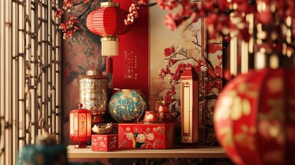 Poster - A stylish and festive 3D product display background for Chinese New Year, complete with vibrant red and gold colors, lanterns, and cultural motifs.