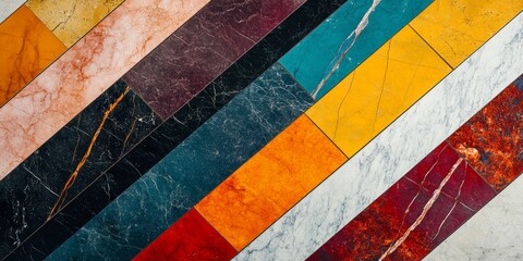 Poster - Diagonal lines in various colors are arranged to resemble the appearance of marble tiles, creating a striking and vibrant design reminiscent of marble surfaces.