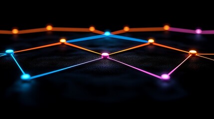 Poster - Abstract 3D Digital Rendering of a Brain Network with Colorful Neon Connection Points on a Dark Background for Innovative Visual Concepts