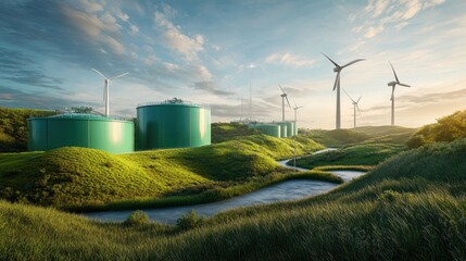 Poster - A sustainable energy facility with green storage tanks and nearby wind turbines, demonstrating renewable power in action under a blue sky.