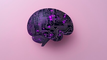 Poster - Abstract Digital Art Portraying a Brain with Circuit Patterns in Vibrant Colors on a Soft Pink Background, Ideal for Technology and Neuroscience Themes