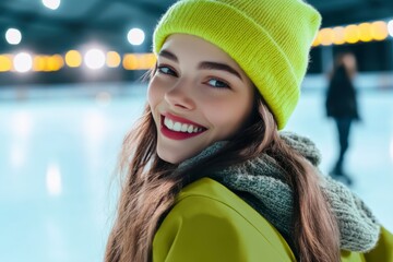 Wall Mural - Smiling Ice Skater:  A young woman wearing a bright yellow beanie and jacket beams at the camera with a joyful smile as she takes a break from ice skating.