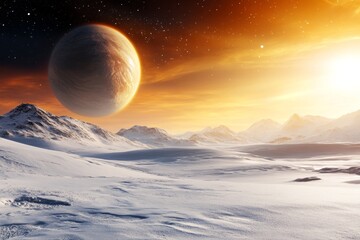 Poster - A binary star system with two suns glowing brightly, their light casting long shadows across a barren alien landscape