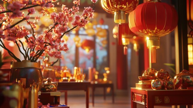 A vibrant 3D Chinese New Year celebration scene, featuring traditional ornaments such as lanterns and gold accents, bringing the holiday to life.