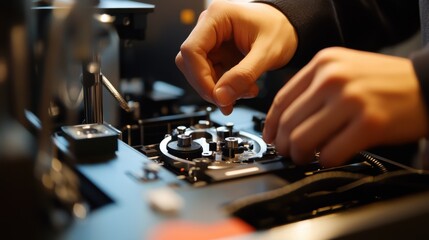 Poster - Close up of a technician's hands meticulously working on intricate components of an electronic device, demonstrating expertise and focus in a manufacturing or repair setting