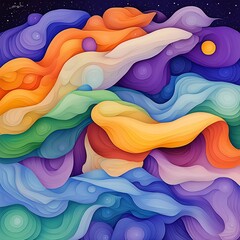 Poster - Captivating abstract featuring a mesmerizing composition of undulating iridescent shapes in a glimmering ethereal cosmic realm  Highly detailed digital drawing with an Expressionist influence