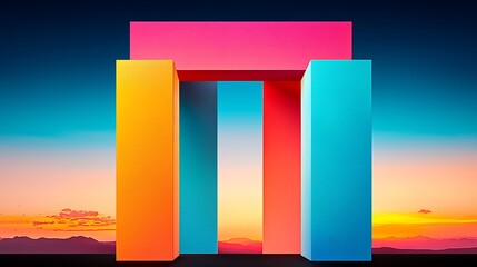 Poster - Abstract Composition Featuring Vibrant Geometric Forms and Dynamic Color Gradients Against a Stunning Sunset Horizon