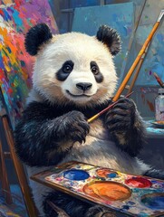 Poster - Panda enjoys painting with a brush and colorful palette in a vibrant art studio filled with canvases. Generative AI