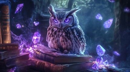 Poster - enchanted owl with glowing crystals in mysterious setting