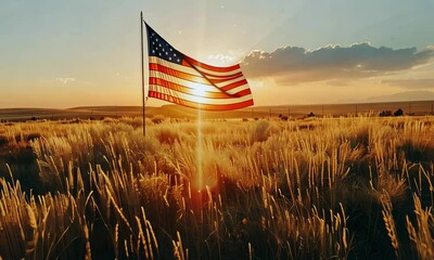 Wall Mural - american flag waving in field during sunset