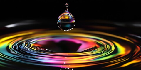 Poster - Rainbow colored disc and sphere featuring high resolution texture against a black background. The rainbow display creates an eye catching effect as it drops into the oil liquid.