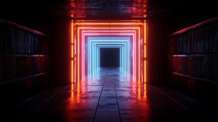 Fototapete - Abstract Composition of Light Trails Creating an Enchanting Illumination in a Modern Geometry-inspired Space with Neon Colors and Dramatic Depth