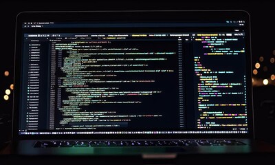 Night coding, laptop screen displays code, bokeh lights background, software development