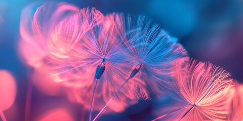 Poster - Vibrant fantasy dandelion featuring pink and blue neon colors, serving as an abstract modern design element. This trendy, futuristic design background highlights the beauty of fantasy dandelion.