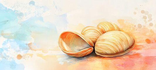 Wall Mural - Clams watercolor illustration isolated on colorful background


