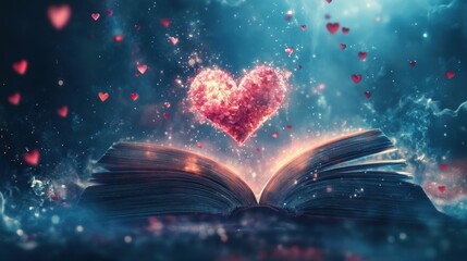 Poster - Glowing Heart Above Open Book with Magical Light Effects