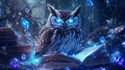 Poster - enchanted owl with shimmering crystals on open book at night