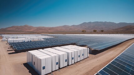 Poster - Rows of solar panels paired with high capacity battery storage systems, captured under a clear blue sky, emphasizing green energy.