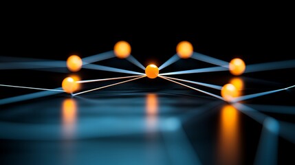 Fototapete - Abstract Representation of a Digital Network with Orange Nodes and Connecting Lines Against a Dark Background Featuring Dynamic Flowing Light Effects