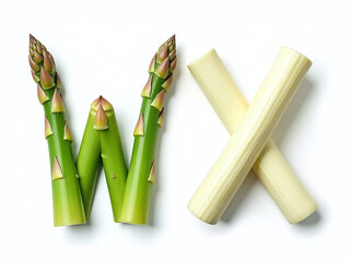 Poster - Asparagus And Garlic Letter Forms Isolated On A White Background Resemble Letters W And X In Vegetable Shapes. 00001