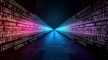 Fototapete - Abstract Representation of a Futuristic City with Vibrant Binary Elements and Dynamic Light Effects for Modern Digital Designs