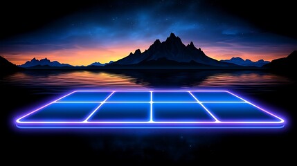 Wall Mural - Abstract Skyline Silhouette with Enhanced Neon Elements Over Still Water at Sunset, Capturing a Futuristic and Dreamlike Atmosphere