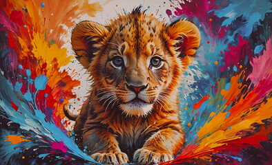 Poster - Baby tiger is sitting in a splash of paint. The tiger is brown and white. The splash of paint is colorful and covers the entire background