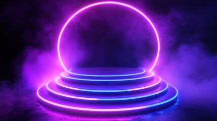 Poster - Neon Light Stage with Circular Glow and Colorful Mist Effects