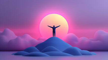 Wall Mural - 3D figure standing on mountain peak with arms spread wide, silhouetted against vibrant sunset. scene conveys sense of freedom and achievement