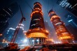© Thanyarat - A detailed shot of a skyscraper under construction at night, with lights glowing on multiple levels and cranes in motion