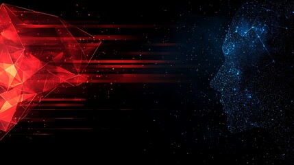 Poster - An ethereal scene displaying the fusion of human and abstract forms, showcasing the interplay of red geometric shapes and blue luminous elements against a dark background.