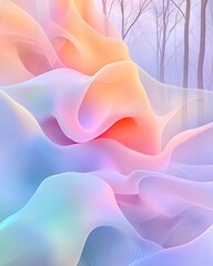 Poster - Iridescent wavy abstract shapes in soft muted colors against a minimalist textured background evoking a tranquil surreal outdoor forest scene with a visual