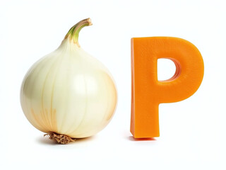 Poster - Alphabet Letters O And P Made From Onion And Pumpkin Isolated On A White Background For Illustration Purposes. 00003